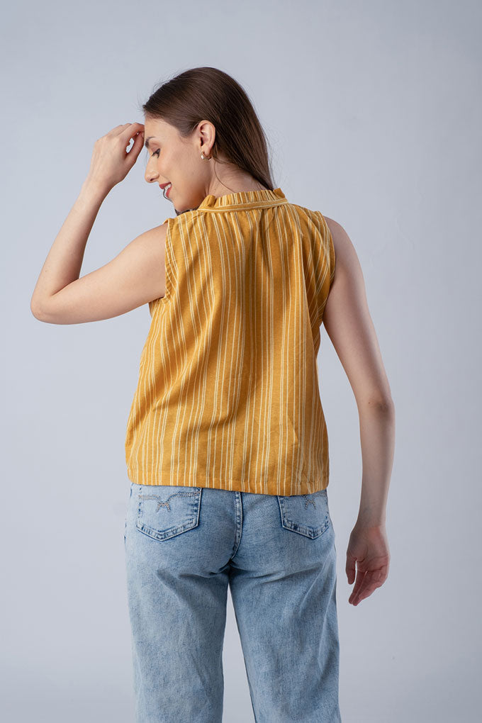 Tuscany Stripe Yellow Cotton Blend Women's Top