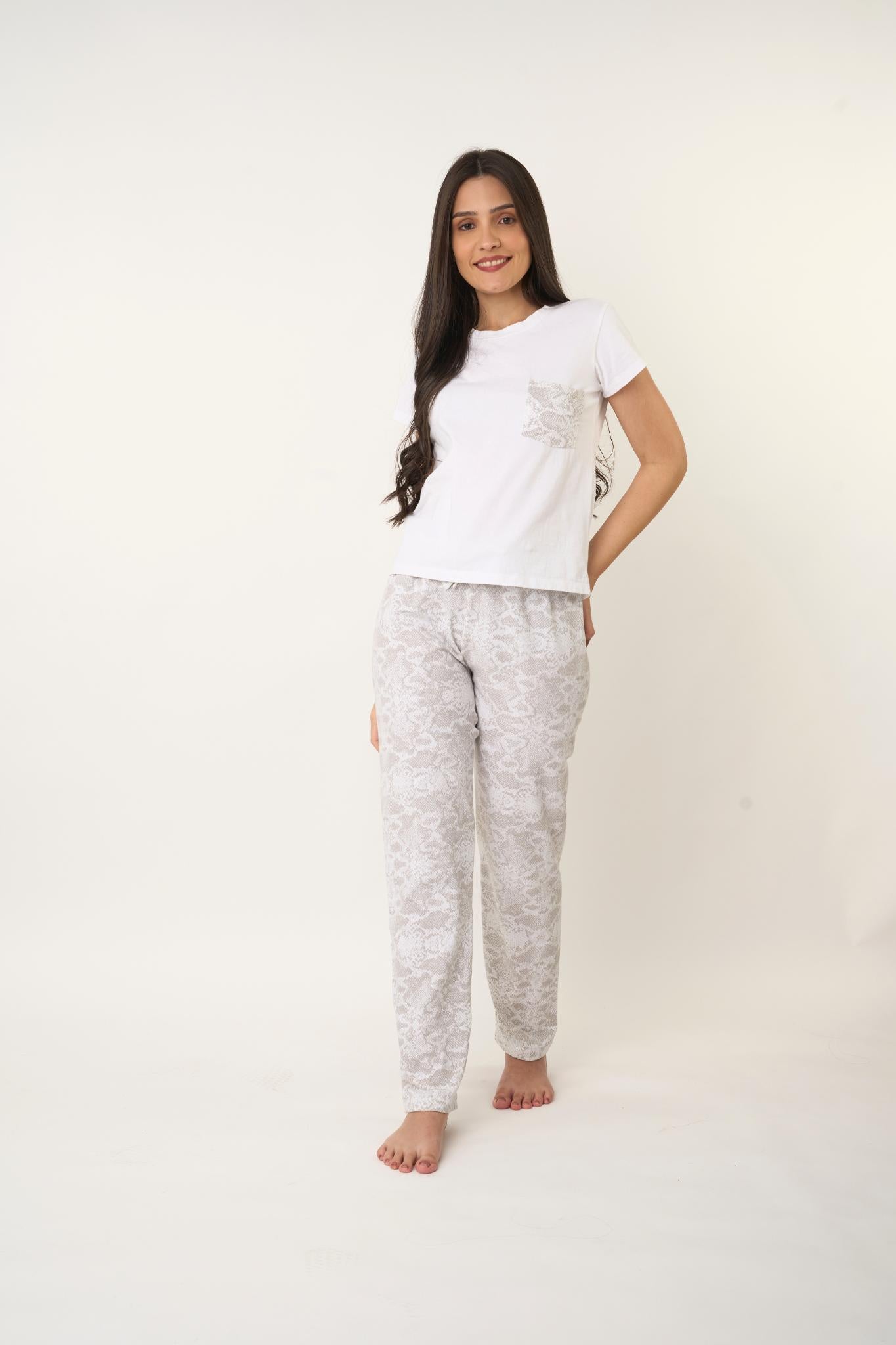 Snake Print White Soft Cotton Knitted Women's Pajama Only