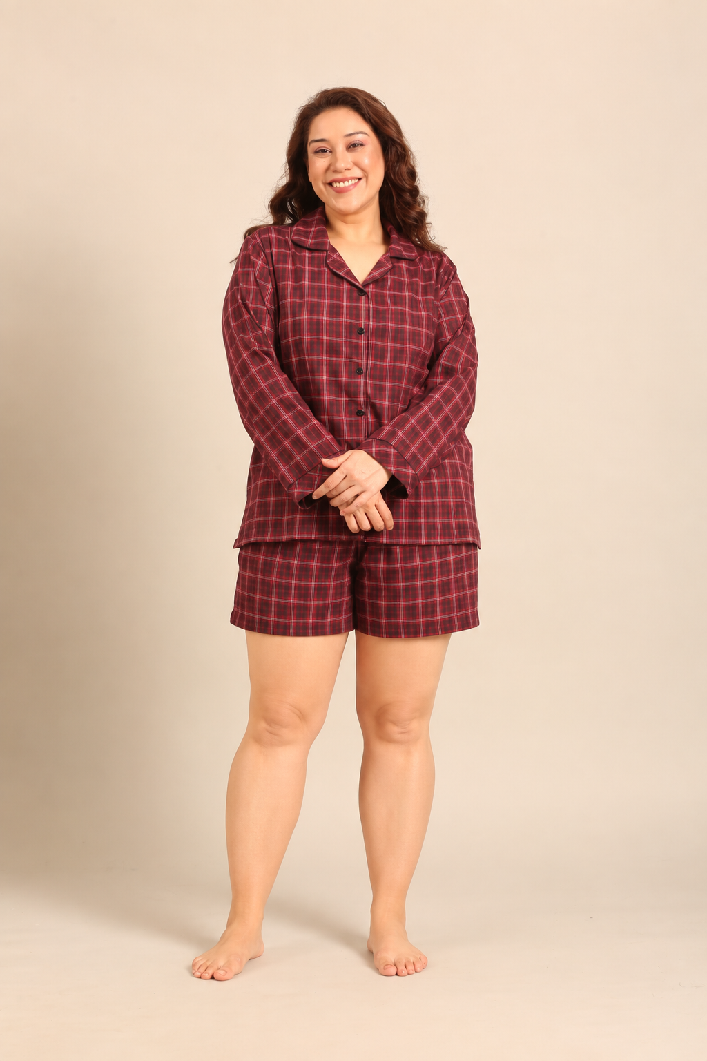 Veronica Plaid Cotton Women's Curve Shorts Set - Full Sleeves