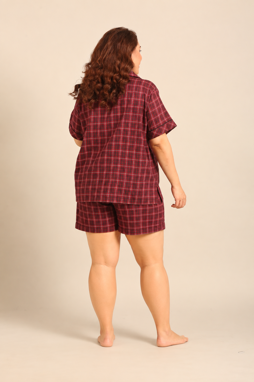 Veronica Plaid Cotton Women's Curve Shorts Set - Half Sleeves