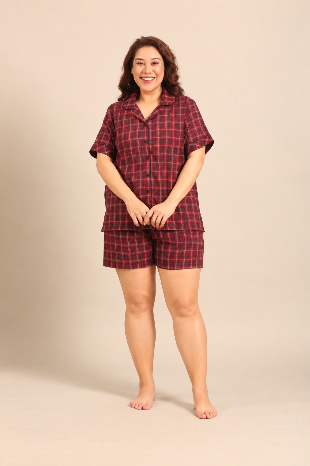 Veronica Plaid Cotton Women's Curve Shorts Set - Half Sleeves