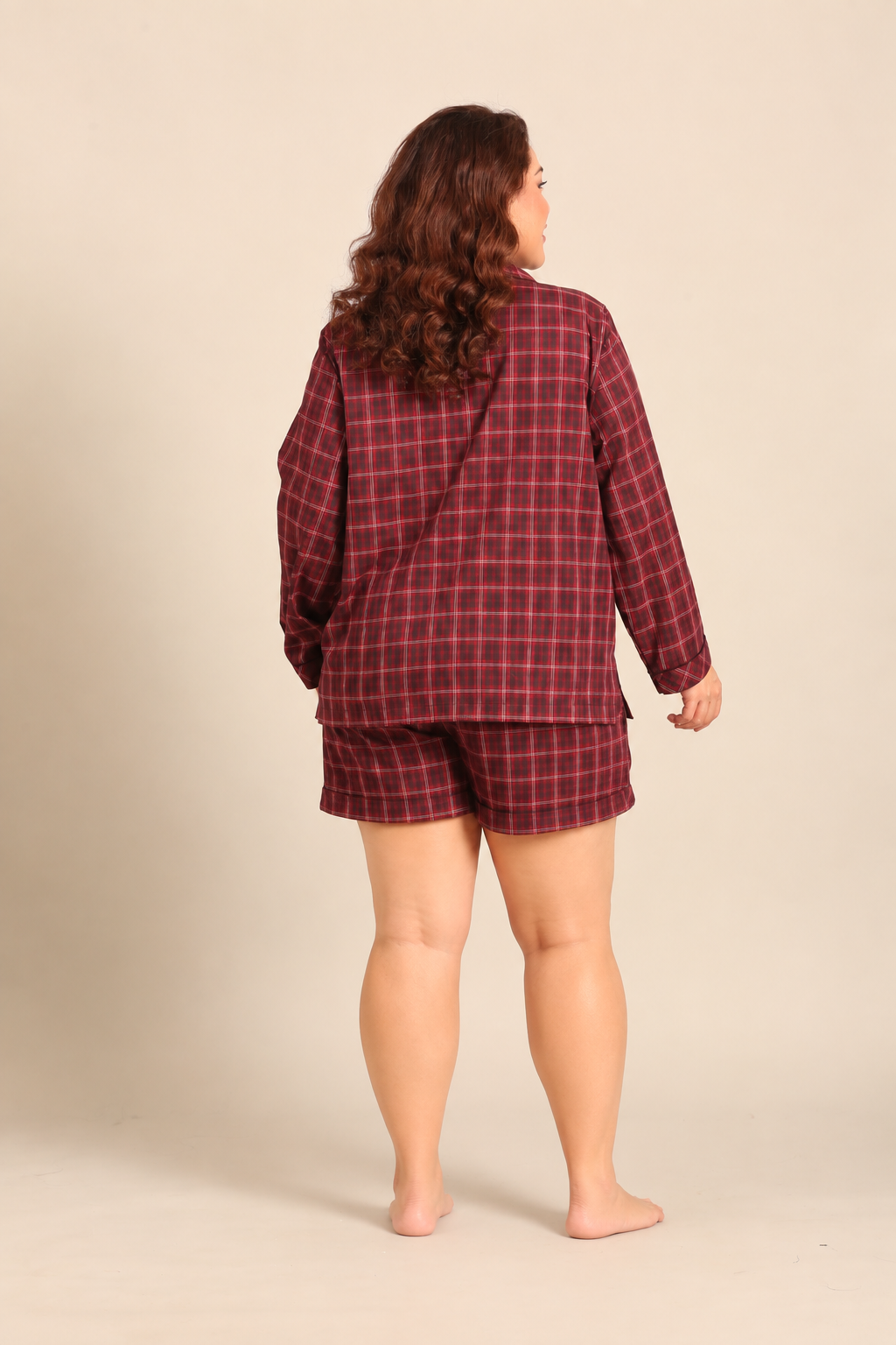 Veronica Plaid Cotton Women's Curve Shorts Set - Full Sleeves