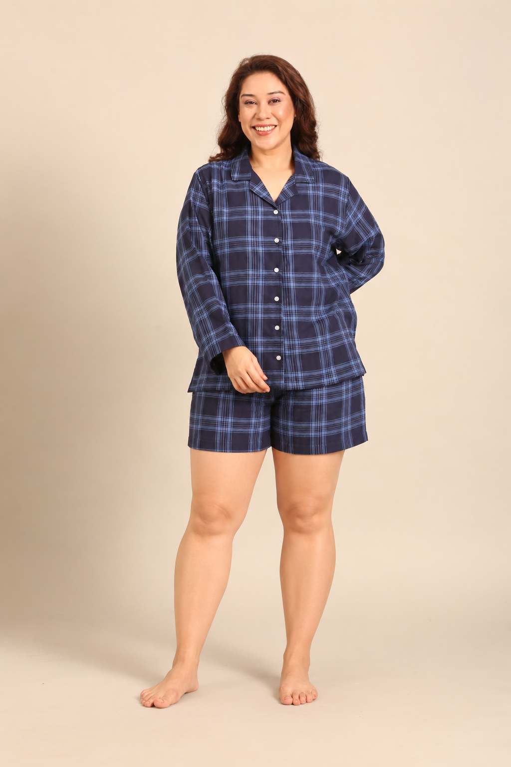 Vienna Check Cotton Women's Curve Shorts Set - Full Sleeves