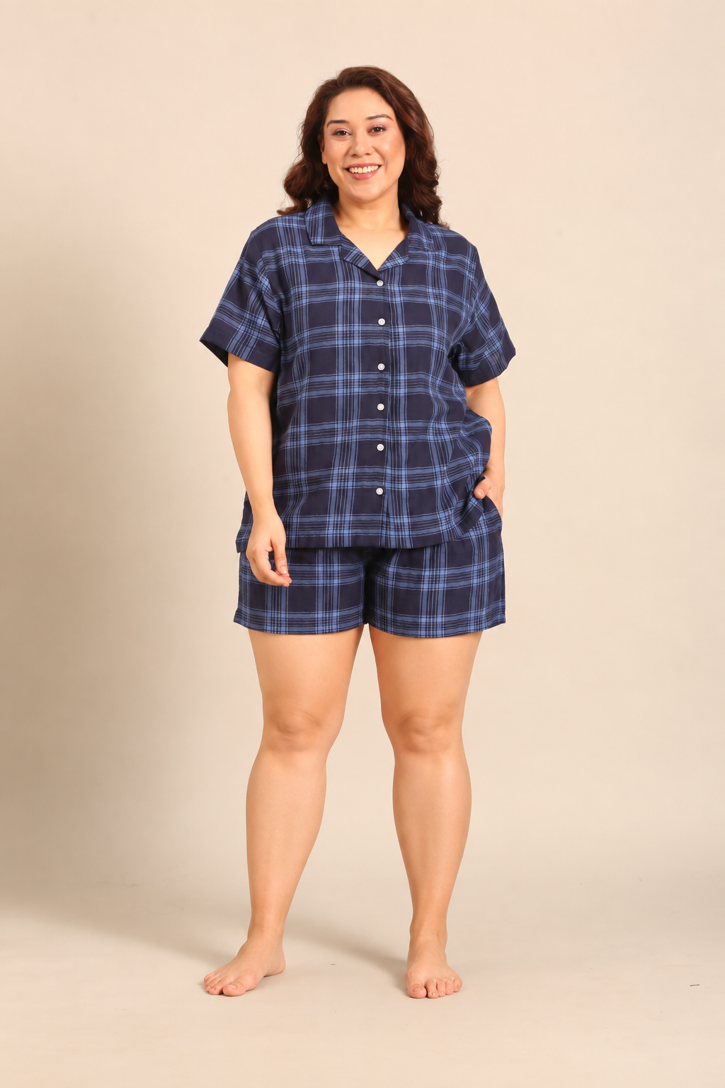 Vienna Check Cotton Women's Curve Shorts Set - Half Sleeves