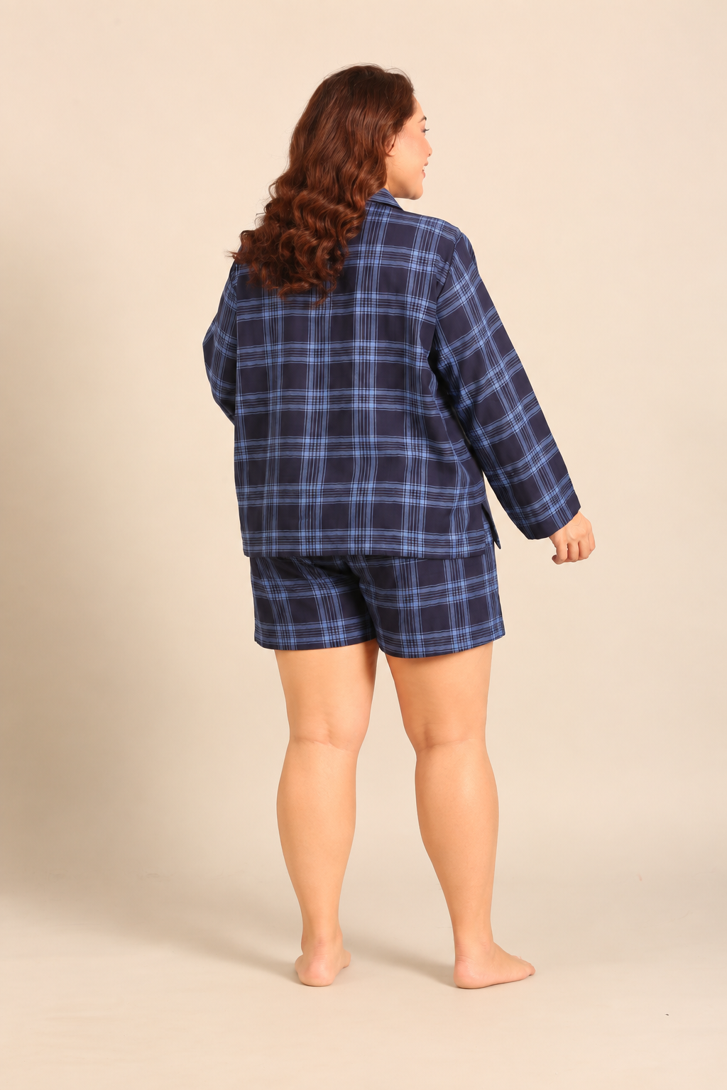 Vienna Check Cotton Women's Curve Shorts Set - Full Sleeves