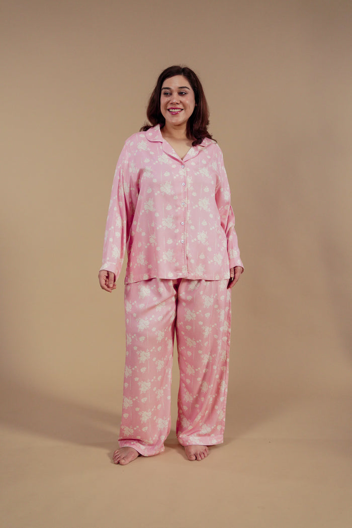 Pink Blossom Floral Printed Viscose Twill Women's Curve Pajama Set - Full Sleeves