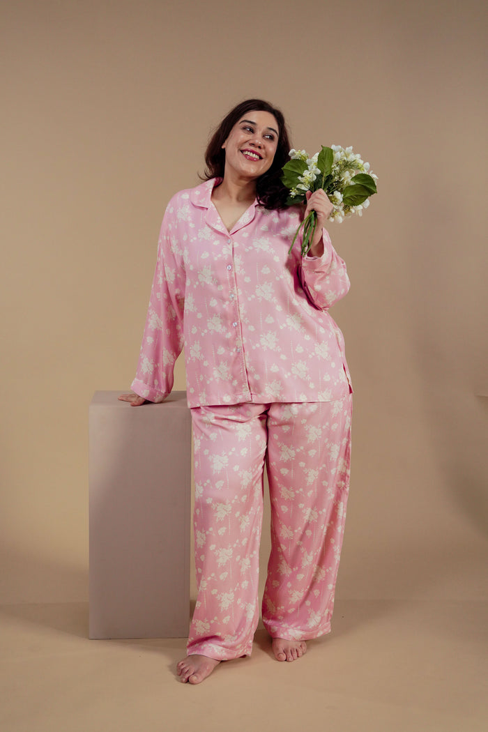 Pink Blossom Floral Printed Viscose Twill Women's Curve Pajama Set - Full Sleeves
