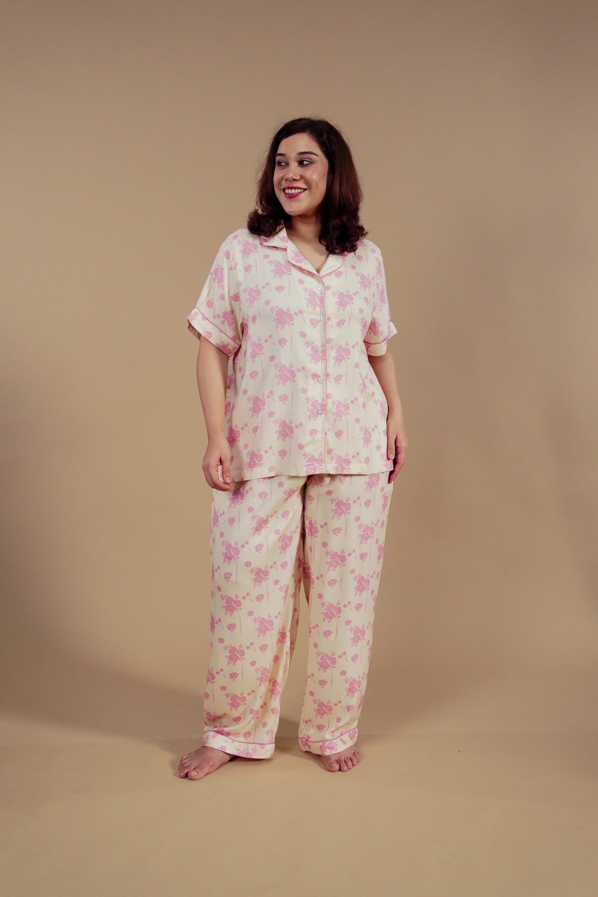 Beige Blossom Floral Printed Viscose Twill Women's Curve Pajama Set - Half Sleeves