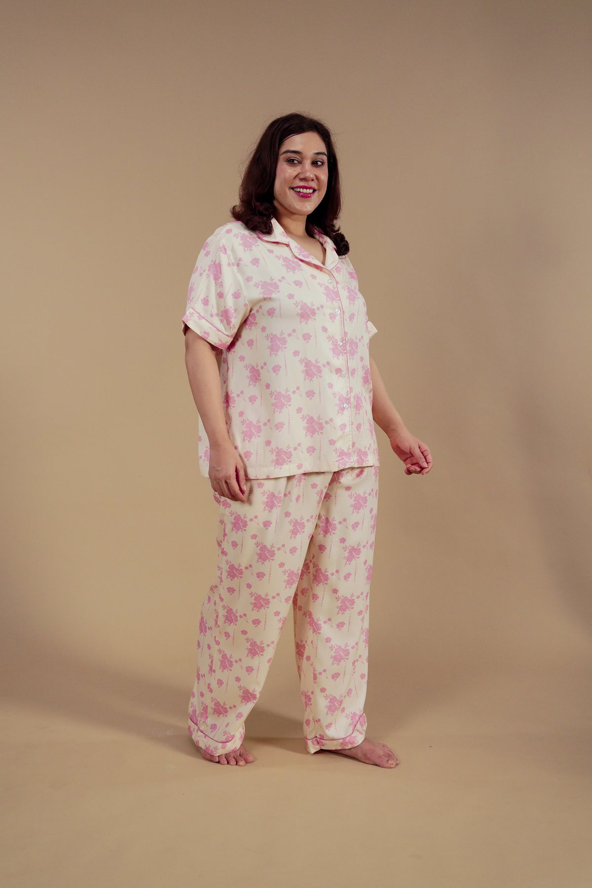 Beige Blossom Floral Printed Viscose Twill Women's Curve Pajama Set - Half Sleeves
