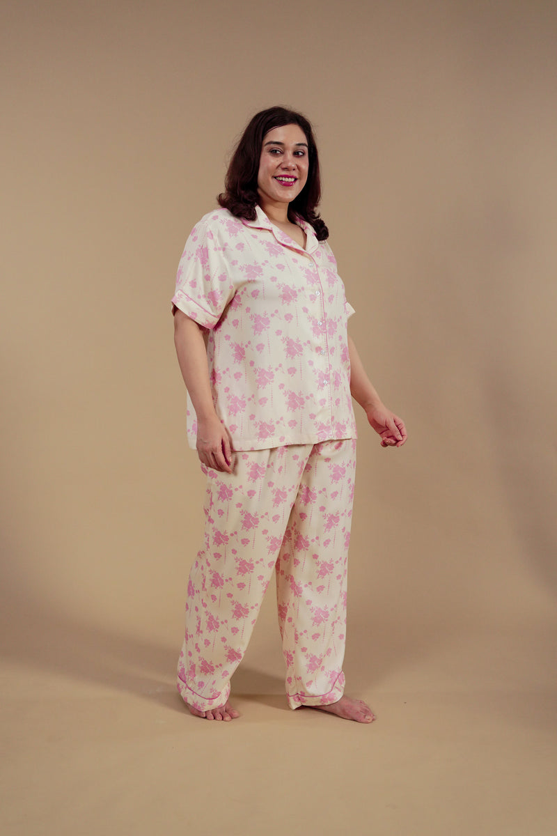 Beige Blossom Floral Printed Viscose Twill Women's Curve Pajama Set - Half Sleeves