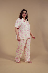 Beige Blossom Floral Printed Viscose Twill Women's Curve Pajama Set - Half Sleeves