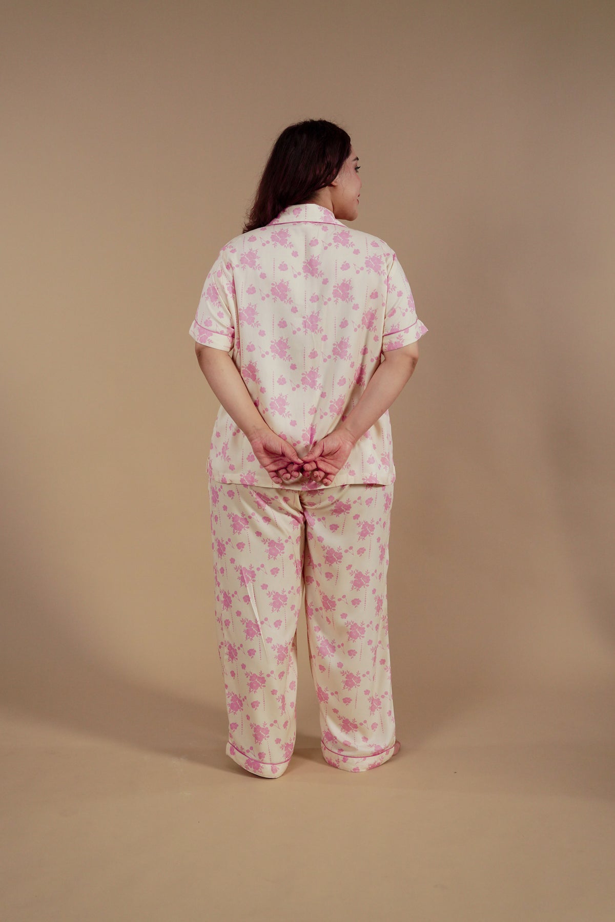 Beige Blossom Floral Printed Viscose Twill Women's Curve Pajama Set - Half Sleeves