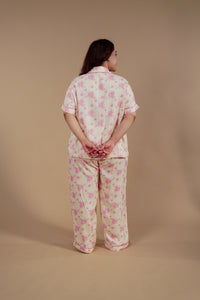 Beige Blossom Floral Printed Viscose Twill Women's Curve Pajama Set - Half Sleeves