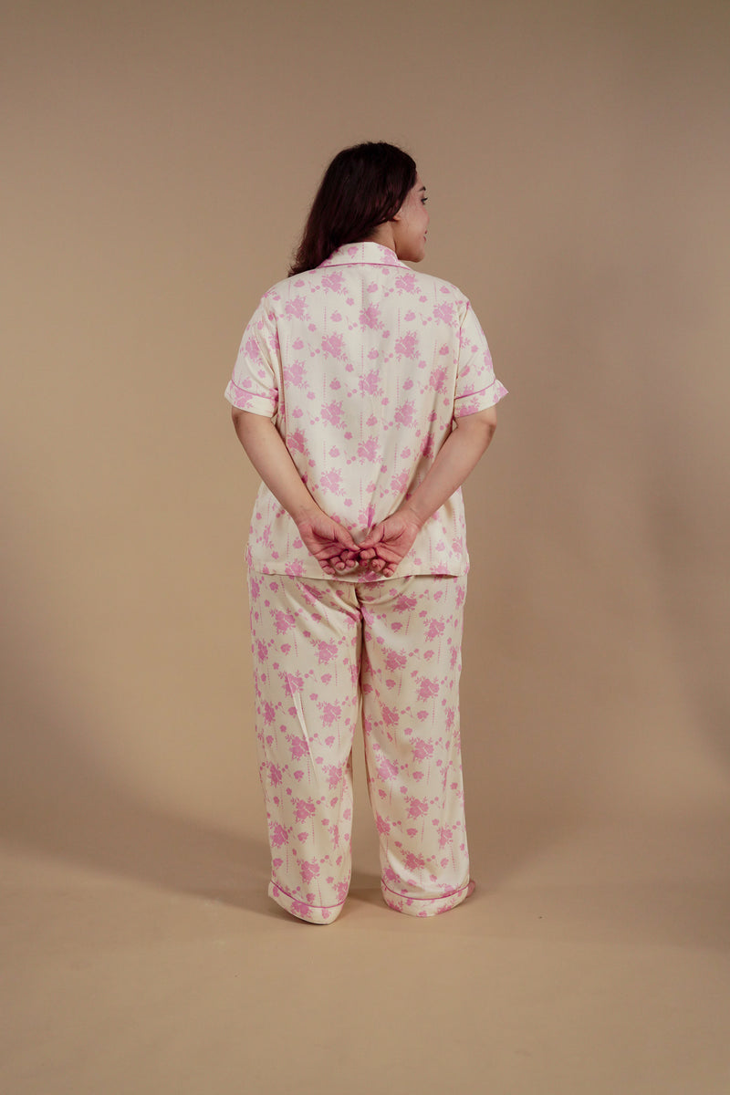 Beige Blossom Floral Printed Viscose Twill Women's Curve Pajama Set - Half Sleeves