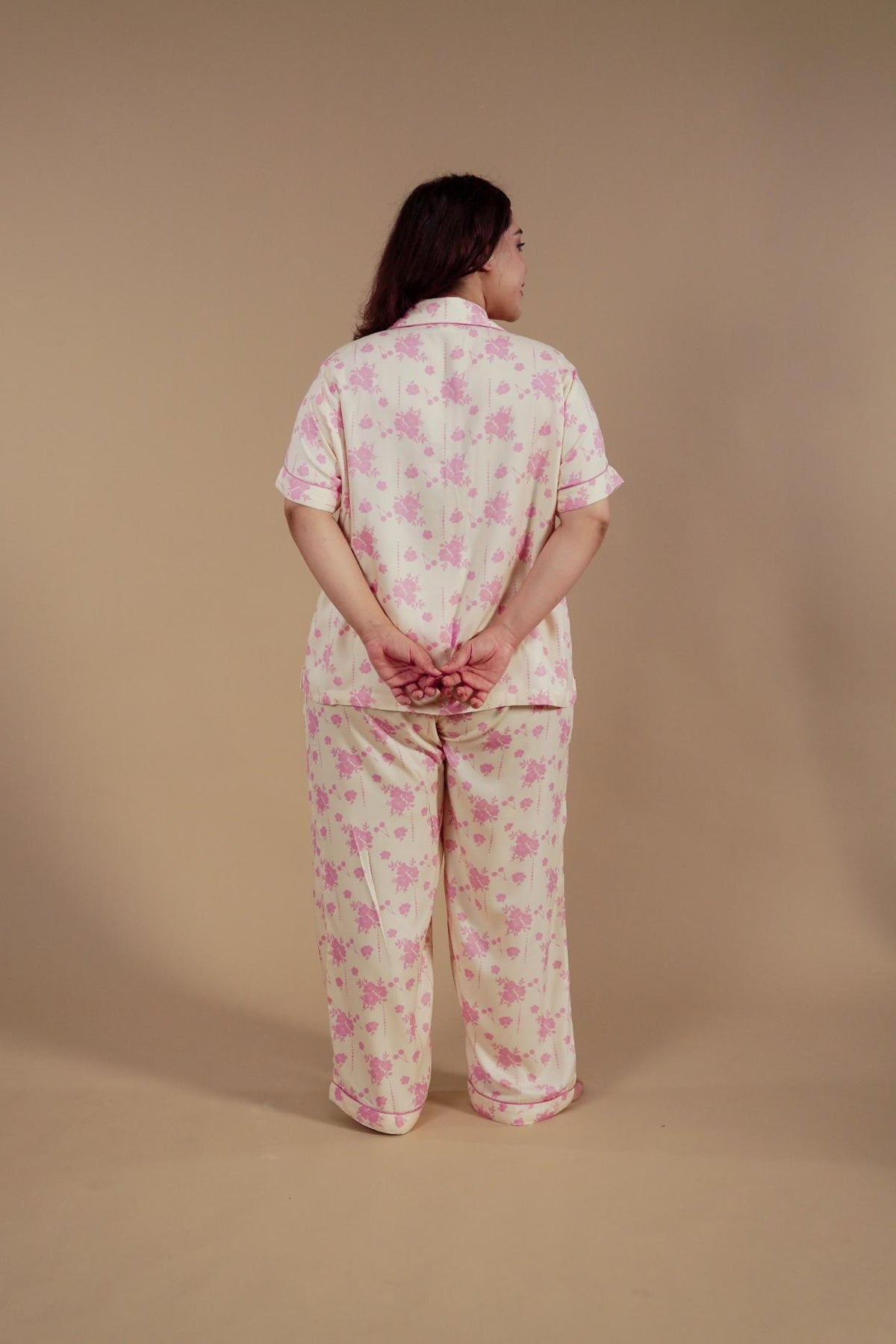 Beige Blossom Floral Printed Viscose Twill Women's Curve Pajama Set - Half Sleeves
