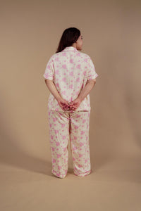 Beige Blossom Floral Printed Viscose Twill Women's Curve Pajama Set - Half Sleeves