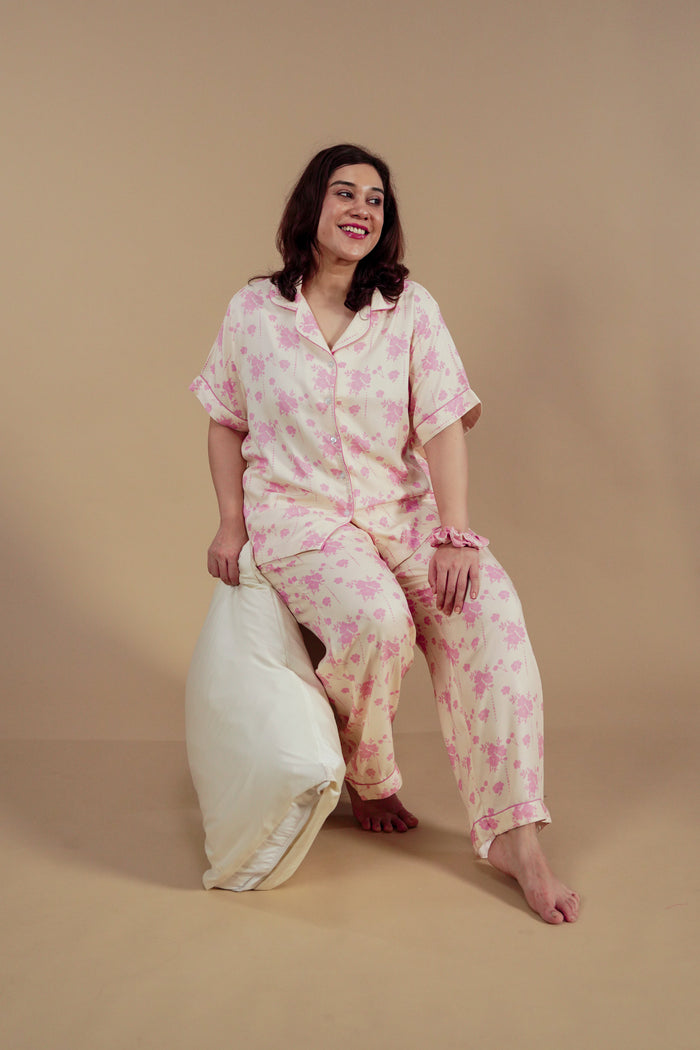 Beige Blossom Floral Printed Viscose Twill Women's Curve Pajama Set - Half Sleeves