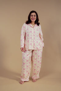 Beige Blossom Floral Printed Viscose Twill Women's Curve Pajama Set - Full Sleeves