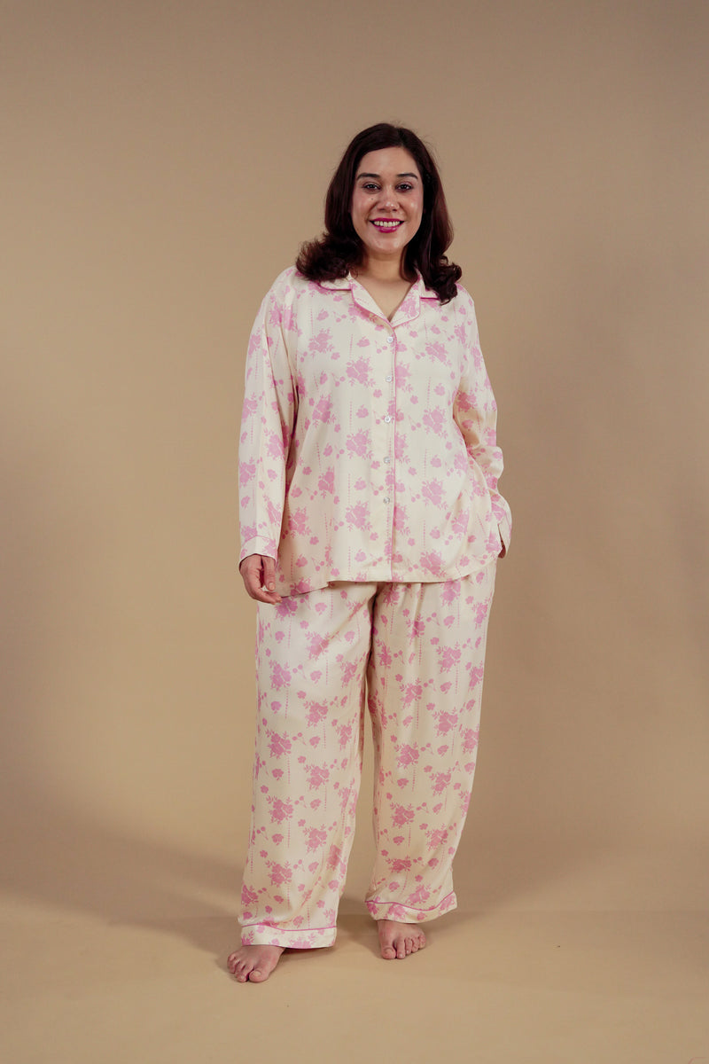 Beige Blossom Floral Printed Viscose Twill Women's Curve Pajama Set - Full Sleeves