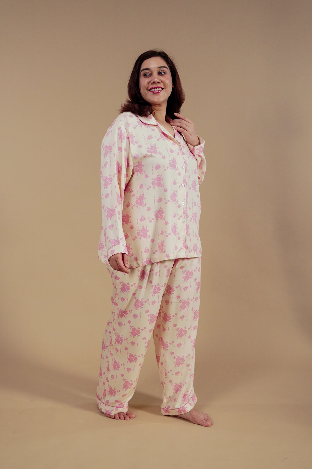Beige Blossom Floral Printed Viscose Twill Women's Curve Pajama Set - Full Sleeves