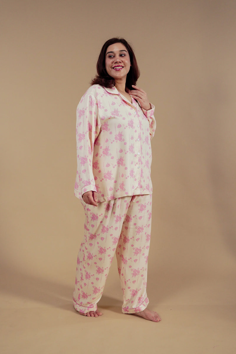 Beige Blossom Floral Printed Viscose Twill Women's Curve Pajama Set - Full Sleeves