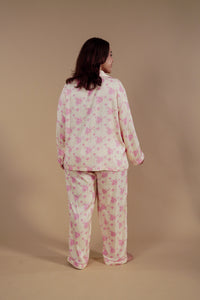 Beige Blossom Floral Printed Viscose Twill Women's Curve Pajama Set - Full Sleeves