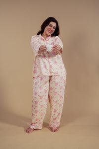 Beige Blossom Floral Printed Viscose Twill Women's Curve Pajama Set - Full Sleeves