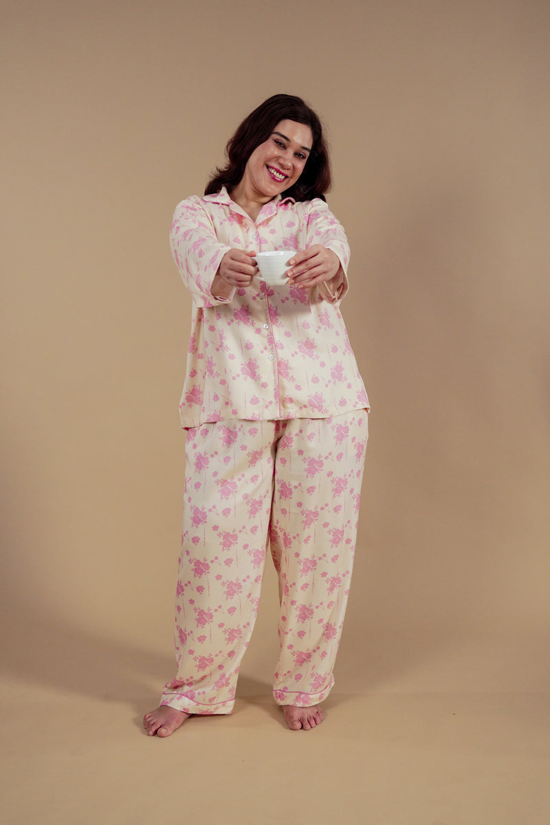 Beige Blossom Floral Printed Viscose Twill Women's Curve Pajama Set - Full Sleeves