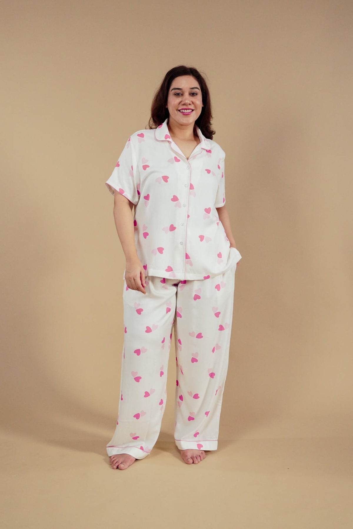 Amy Heart Printed Viscose Women's Curve Pajama Set - Half Sleeves