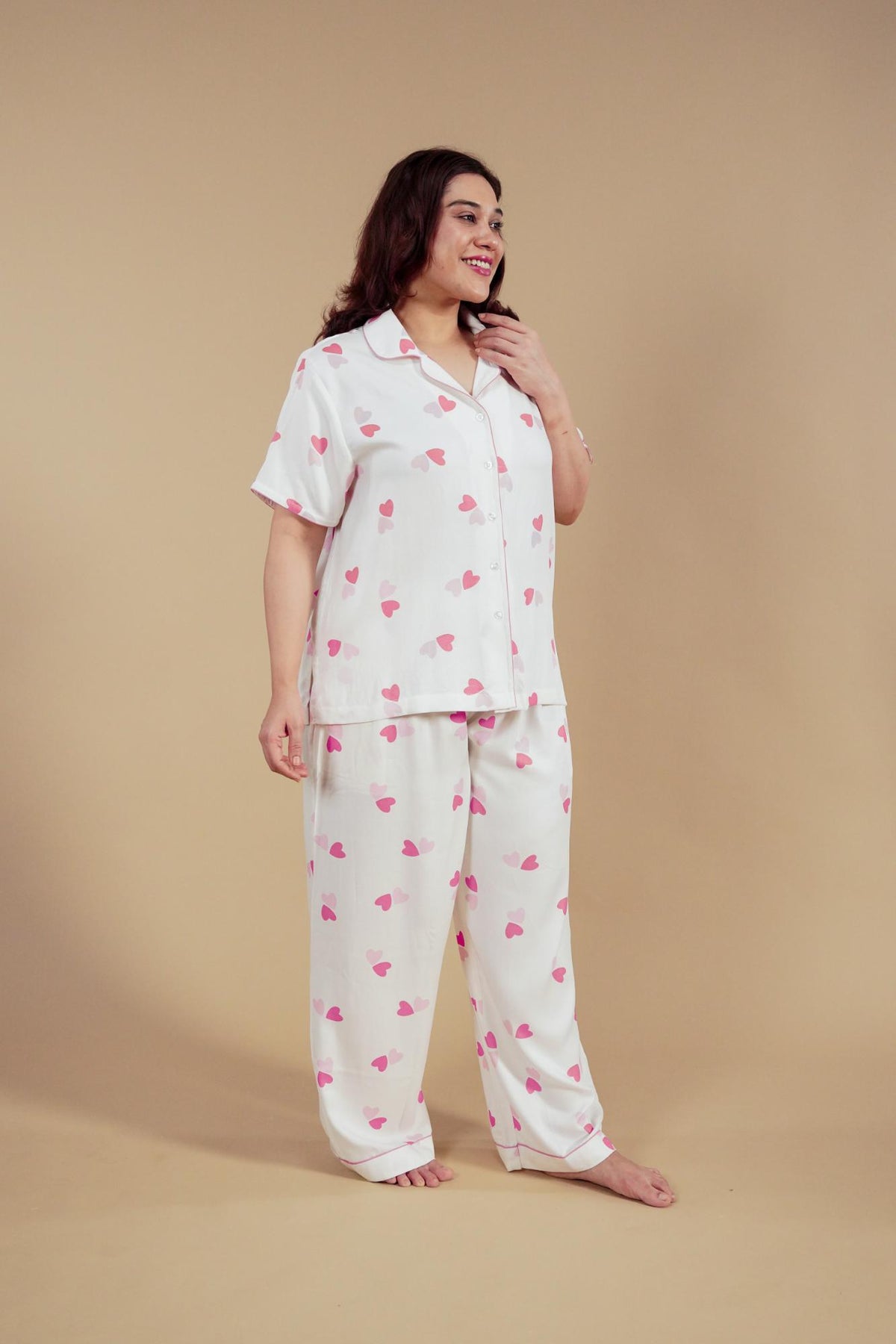 Amy Heart Printed Viscose Women's Curve Pajama Set - Half Sleeves