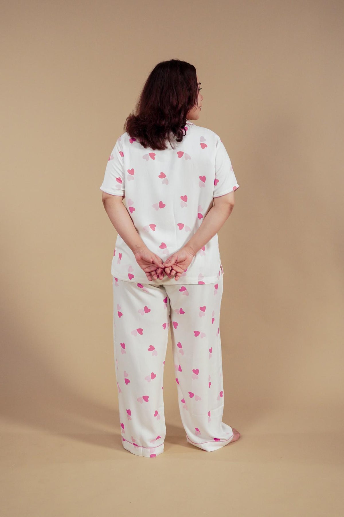Amy Heart Printed Viscose Women's Curve Pajama Set - Half Sleeves