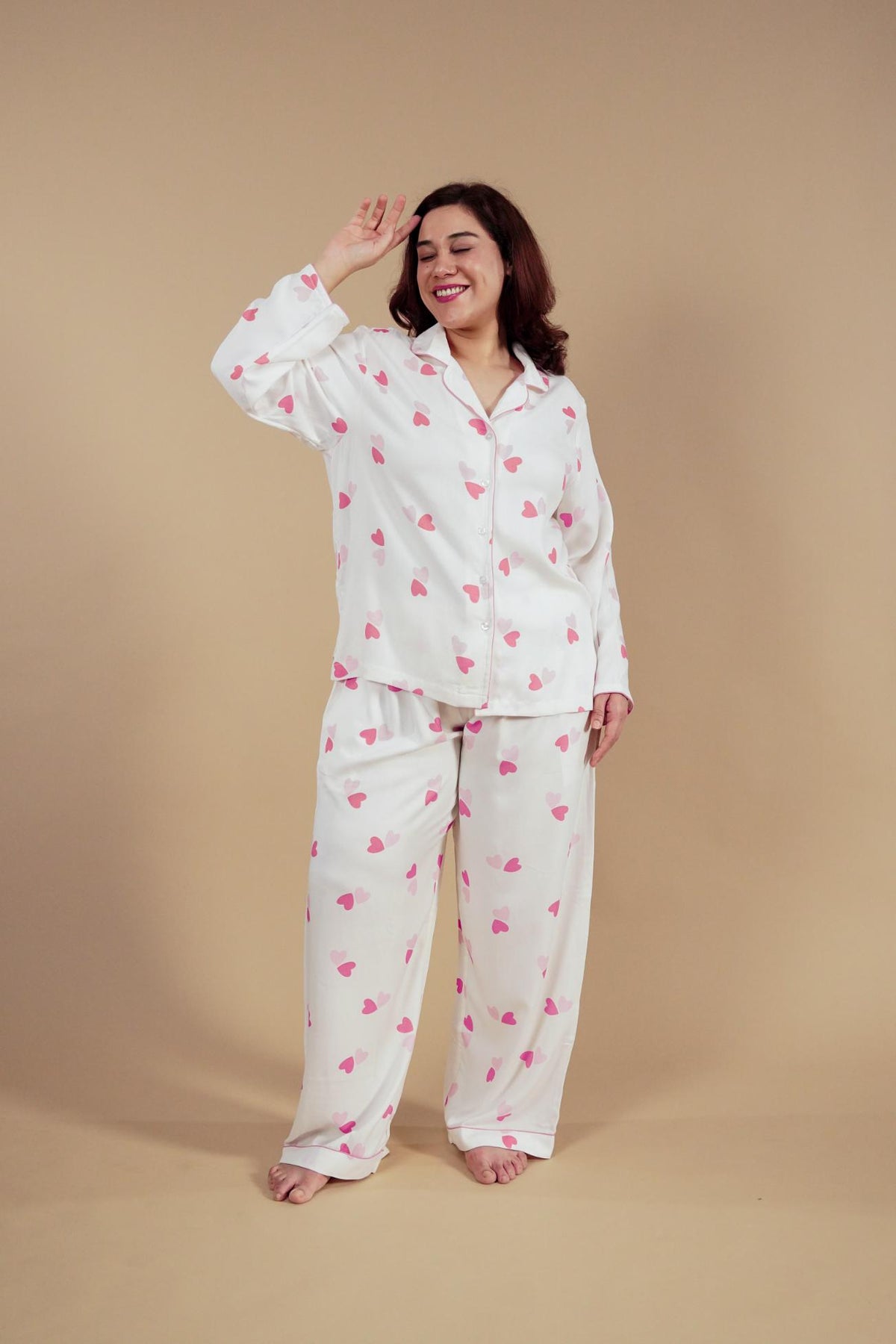 Amy Heart Printed Viscose Women's Curve Pajama Set - Full Sleeves