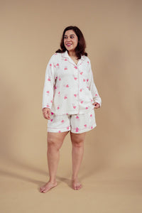 Amy Heart Printed Viscose Women's Curve Shorts Set - Full Sleeves