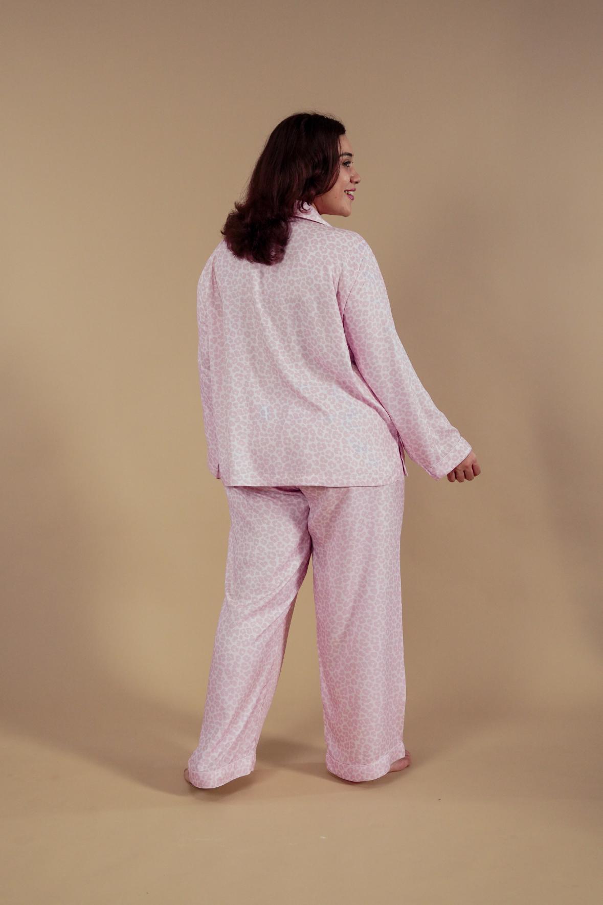 Rachel Leopard Printed Viscose Twill Women's Curve Pajama Set - Full Sleeves