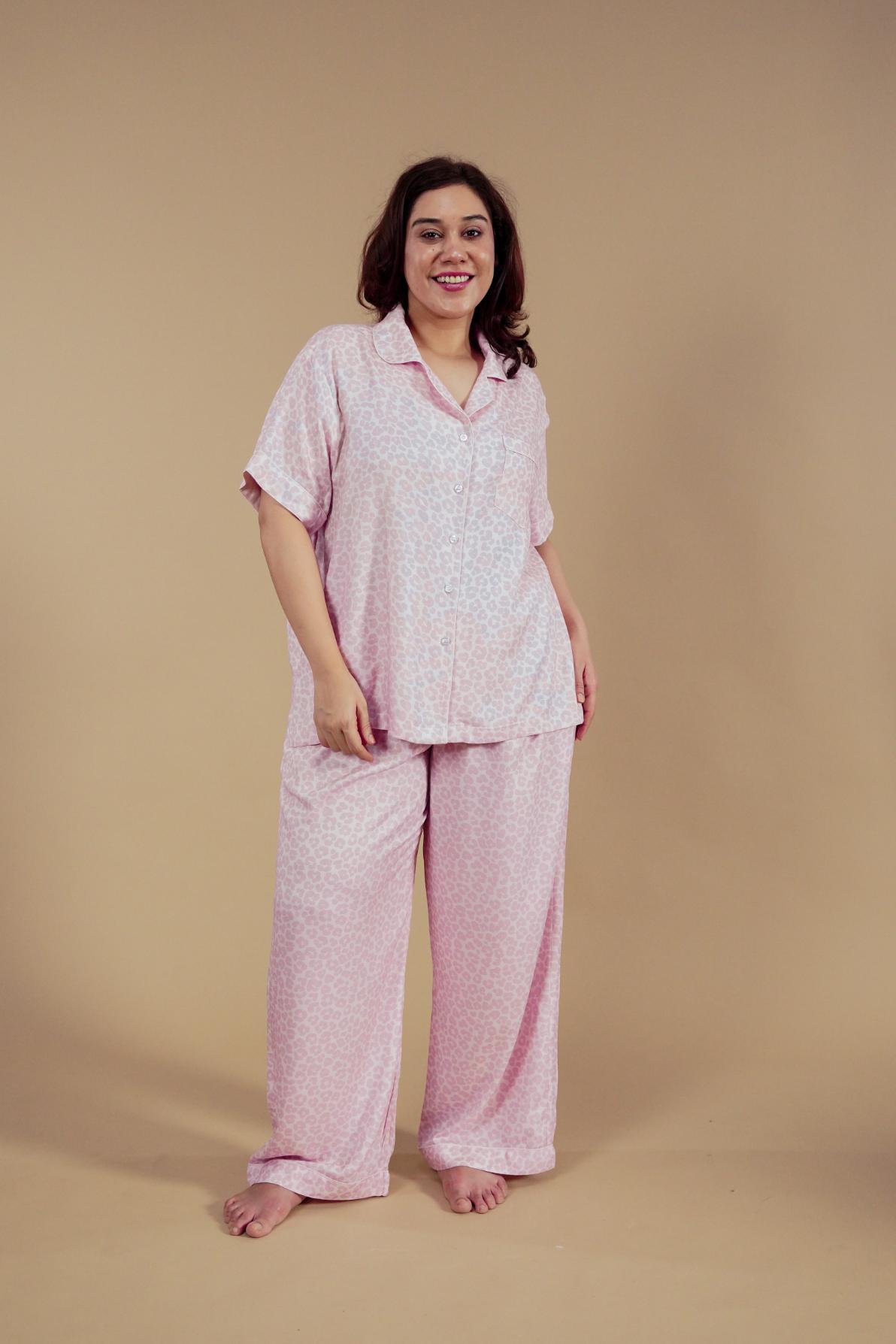 Rachel Leopard Printed Viscose Twill Women's Curve Pajama Set - Half Sleeves