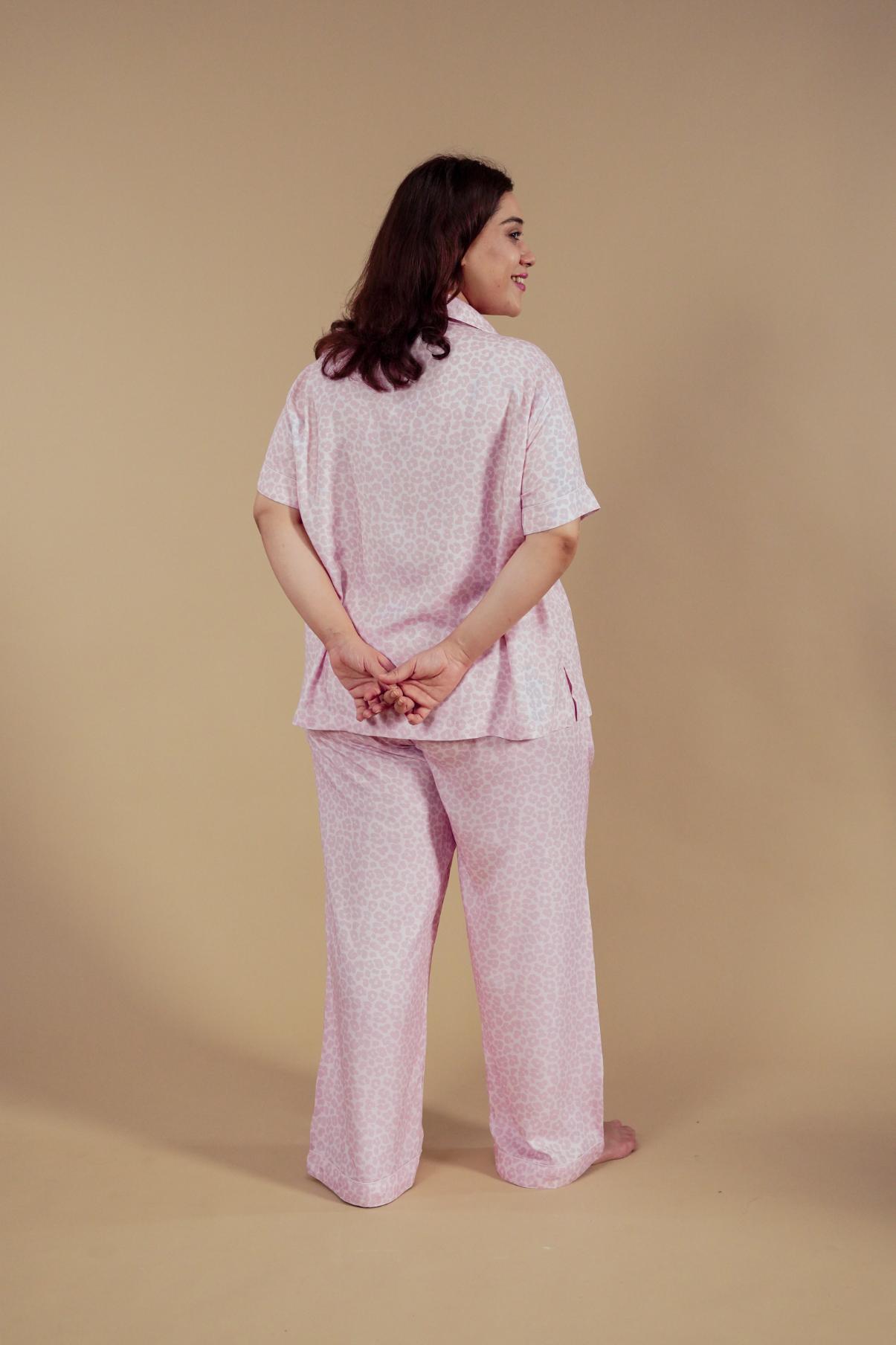 Rachel Leopard Printed Viscose Twill Women's Curve Pajama Set - Half Sleeves