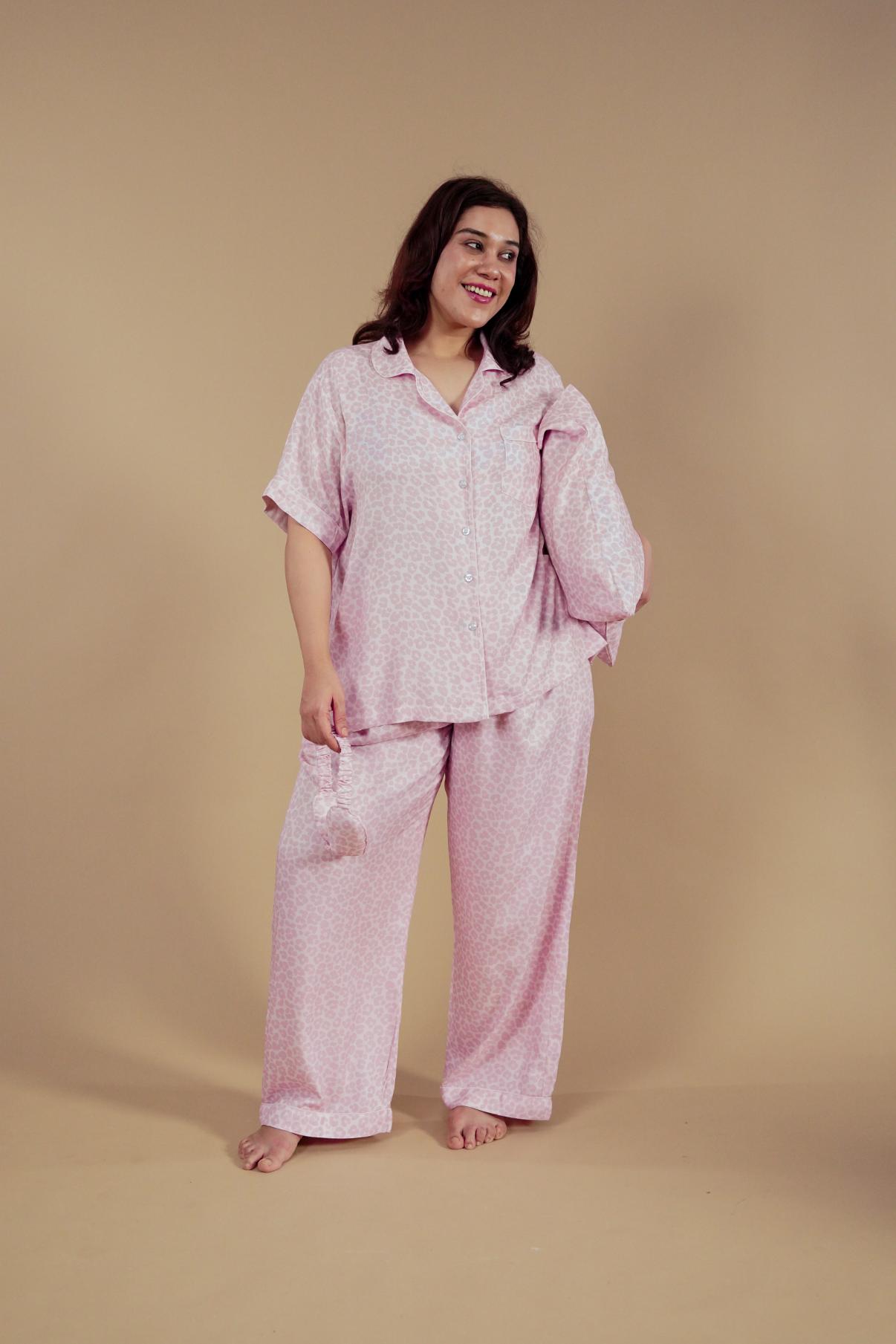Rachel Leopard Printed Viscose Twill Women's Curve Pajama Set - Half Sleeves