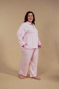 Alice Heart Printed Viscose Twill Women's Curve Pajama Set - Full Sleeves