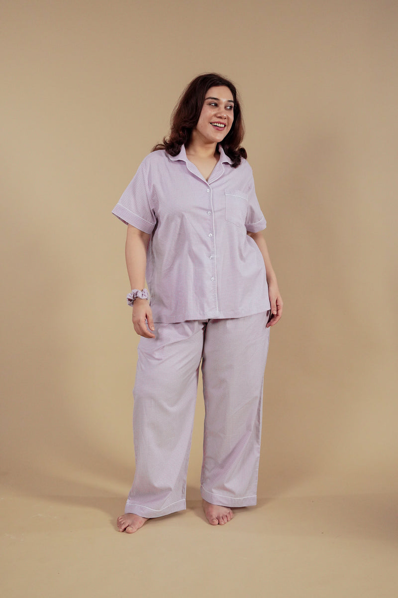 Nora Pin Check Cotton Women's Curve Pajama Set - Half Sleeves