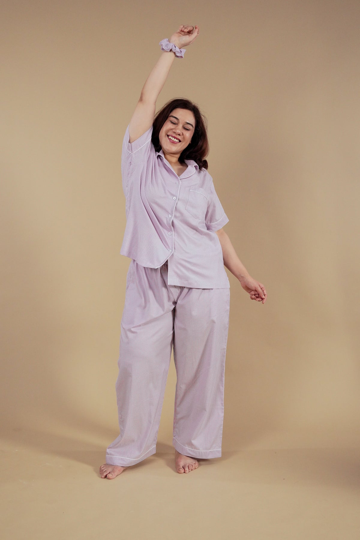 Nora Pin Check Cotton Women's Curve Pajama Set - Half Sleeves