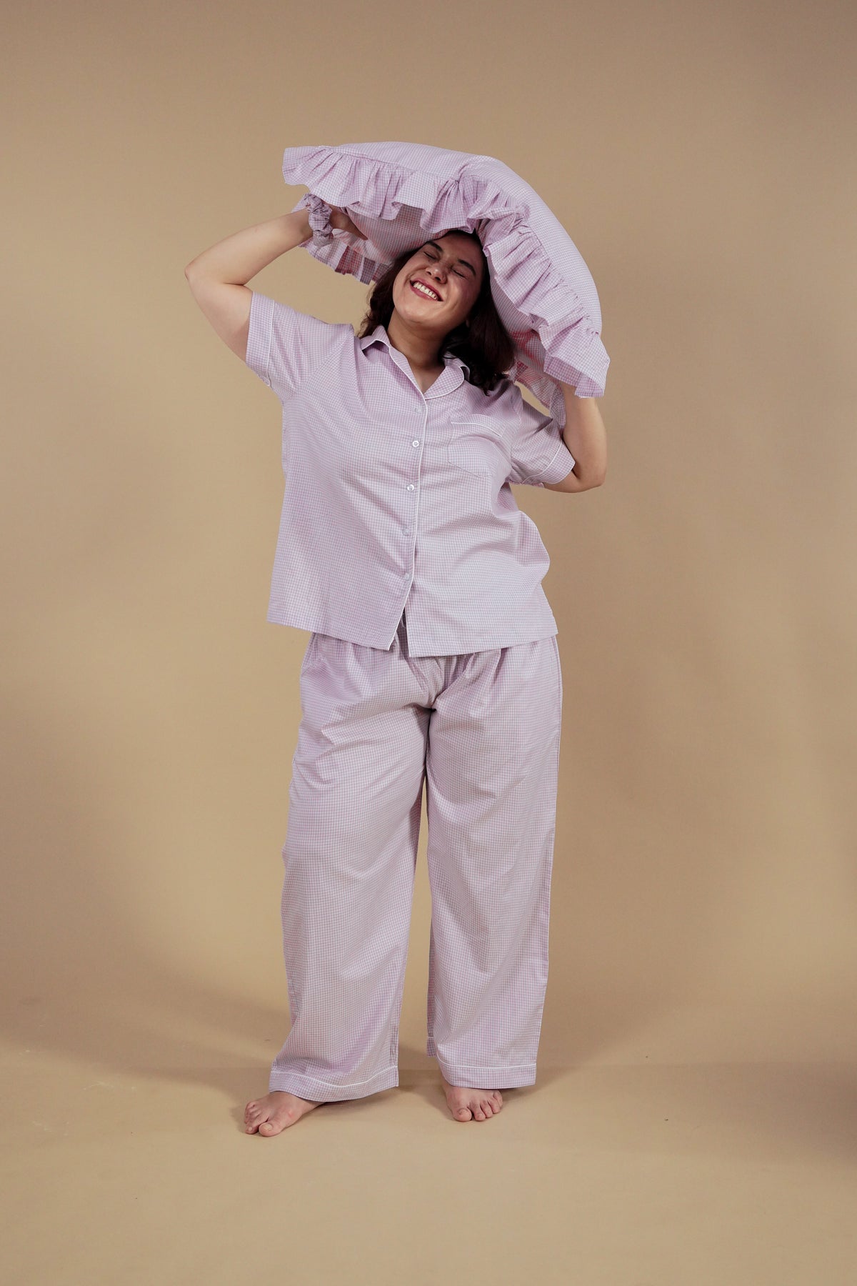 Nora Pin Check Cotton Women's Curve Pajama Set - Half Sleeves