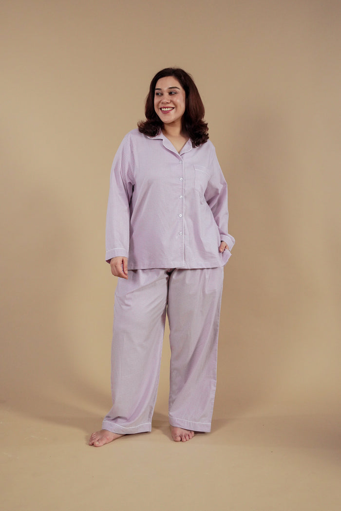 Nora Pin Check Cotton Women's Curve Pajama Set - Full Sleeves