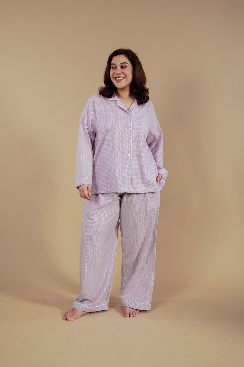 Nora Pin Check Cotton Women's Curve Pajama Set - Full Sleeves
