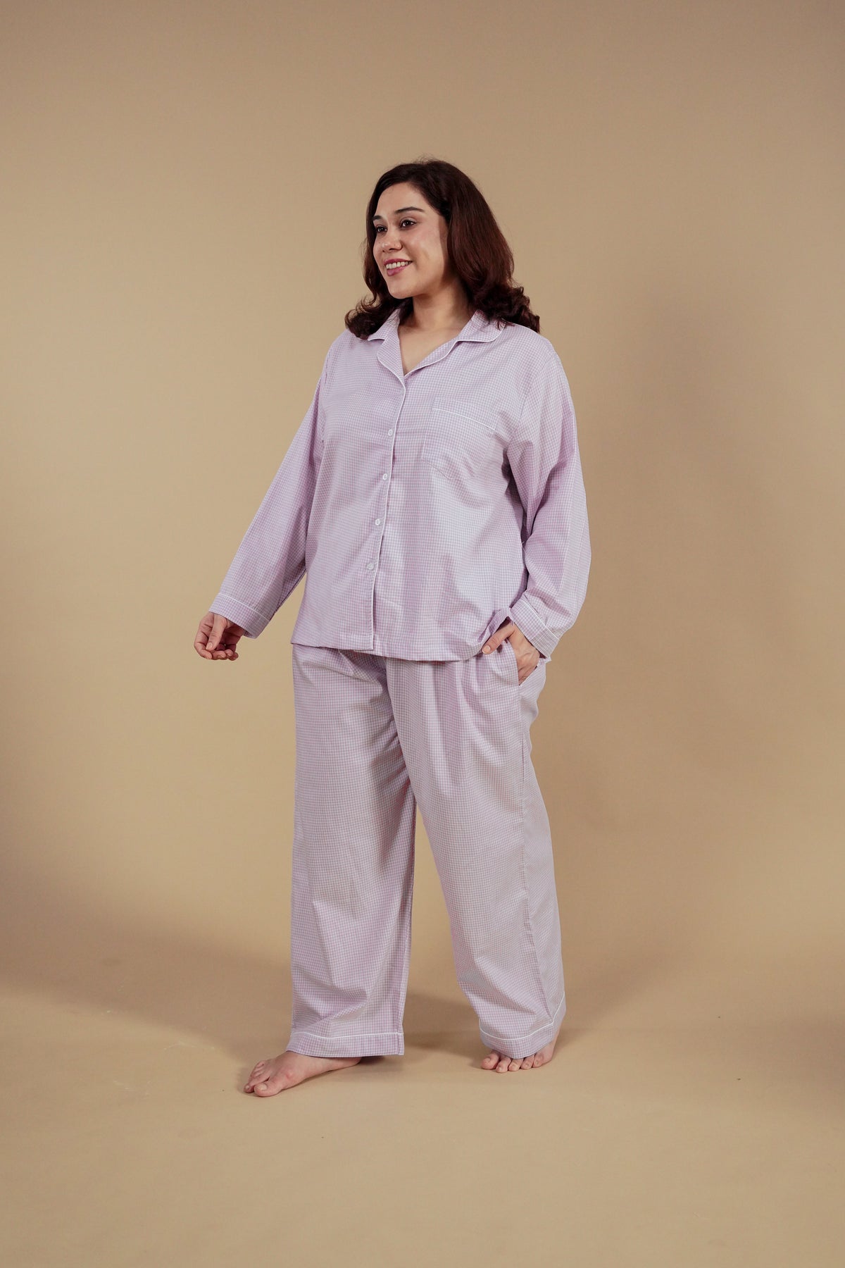 Nora Pin Check Cotton Women's Curve Pajama Set - Full Sleeves
