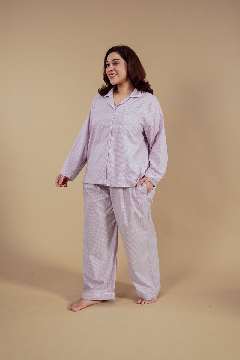 Nora Pin Check Cotton Women's Curve Pajama Set - Full Sleeves