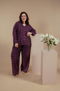 Ruby Check Cotton Women's Curve Pajama Set - Full Sleeves