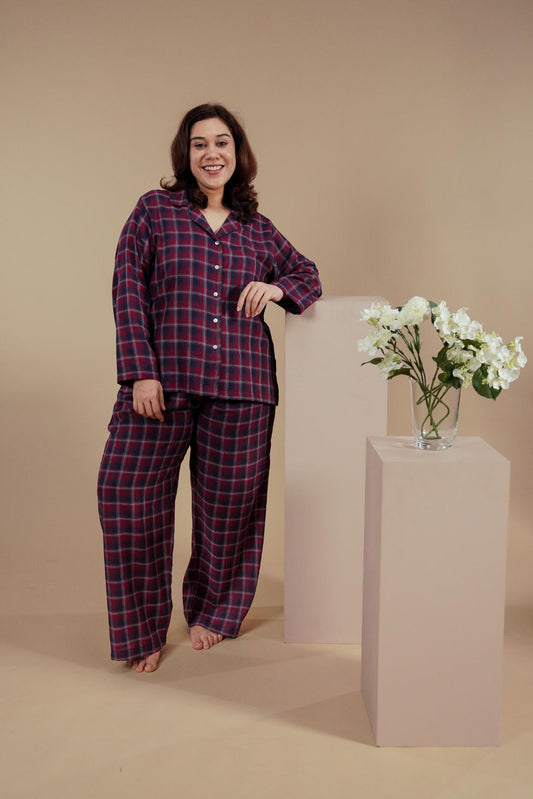 Ruby Check Cotton Women's Curve Pajama Set - Full Sleeves