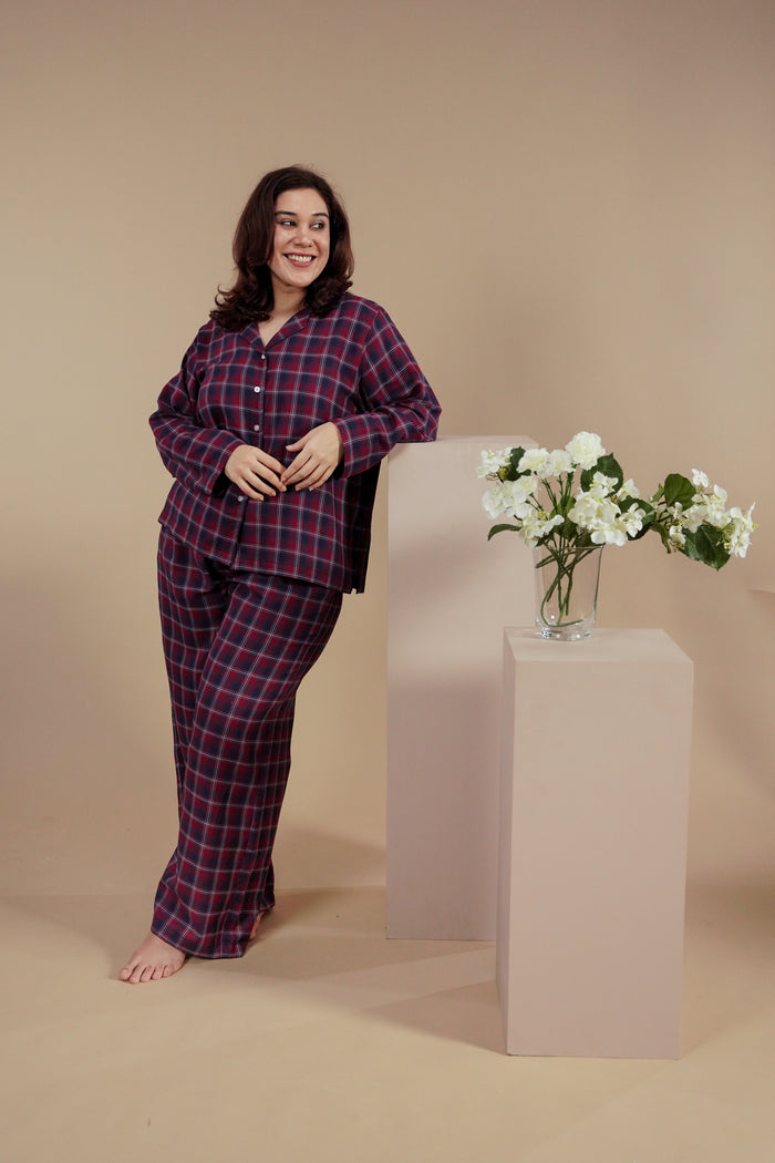 Ruby Check Cotton Women's Curve Pajama Set - Full Sleeves