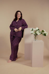 Ruby Check Cotton Women's Curve Pajama Set - Full Sleeves