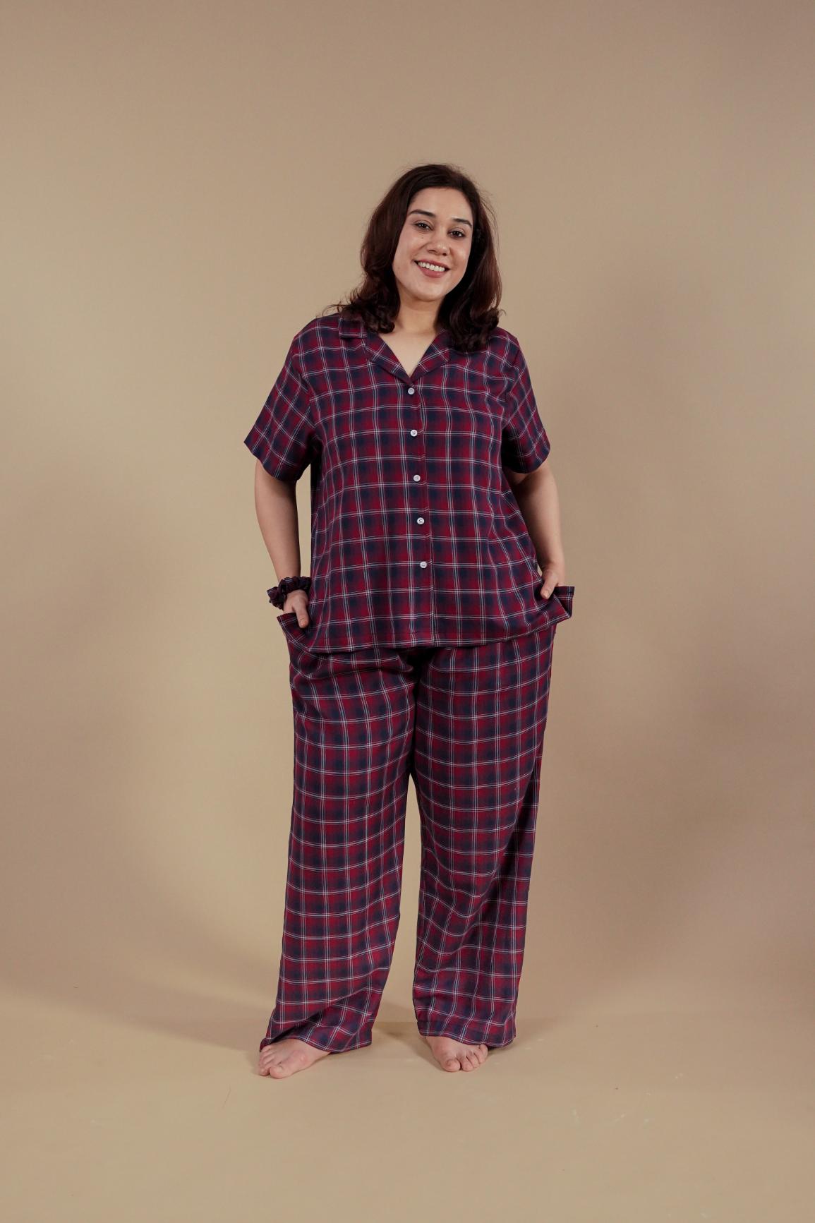 Ruby Check Cotton Women's Curve Pajama Set - Half Sleeves